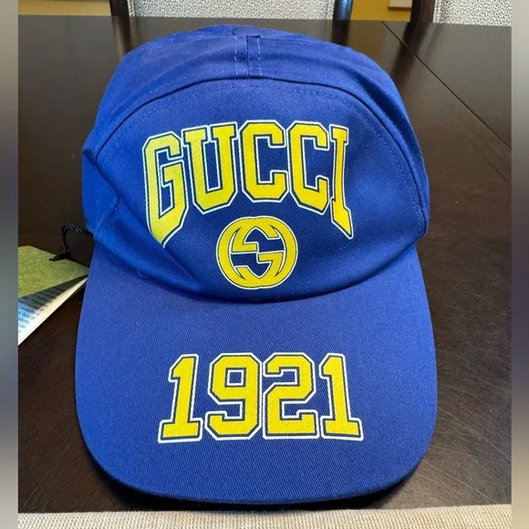 New Gucci GG Logo Blue Yellow Baseball Hat Size L - Picture 2 of 13